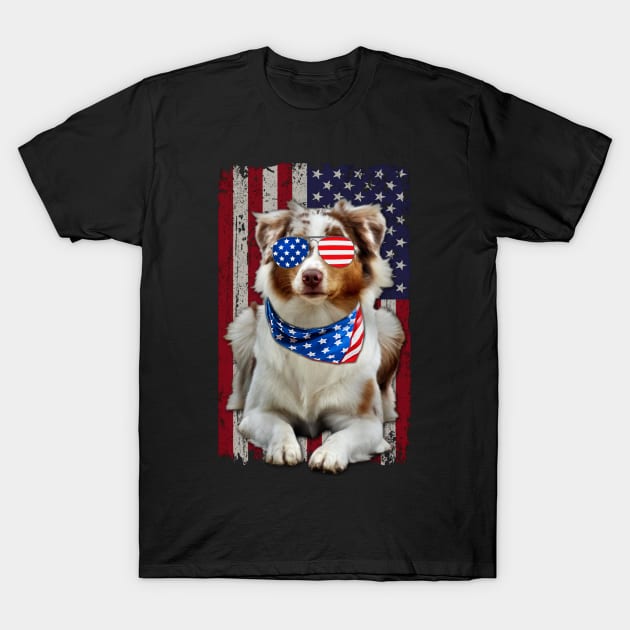 Tail Tales Shepherd Chronicles, Dog American Flag Tee for Aussie Admirers T-Shirt by Mushroom Time